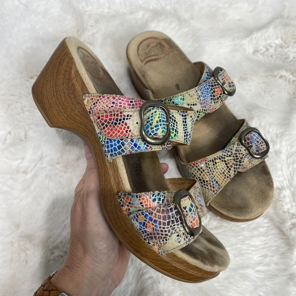 Dansko Womens Multi Color Mosaic Snake Print Leather Wedge Slide Sandals Size 38
